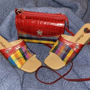 Brighton purse and shoes -matching. Red leather plus bright fabric.